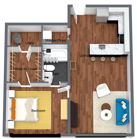 Floor plan for 1 bed, 1 bath, 475 sqft